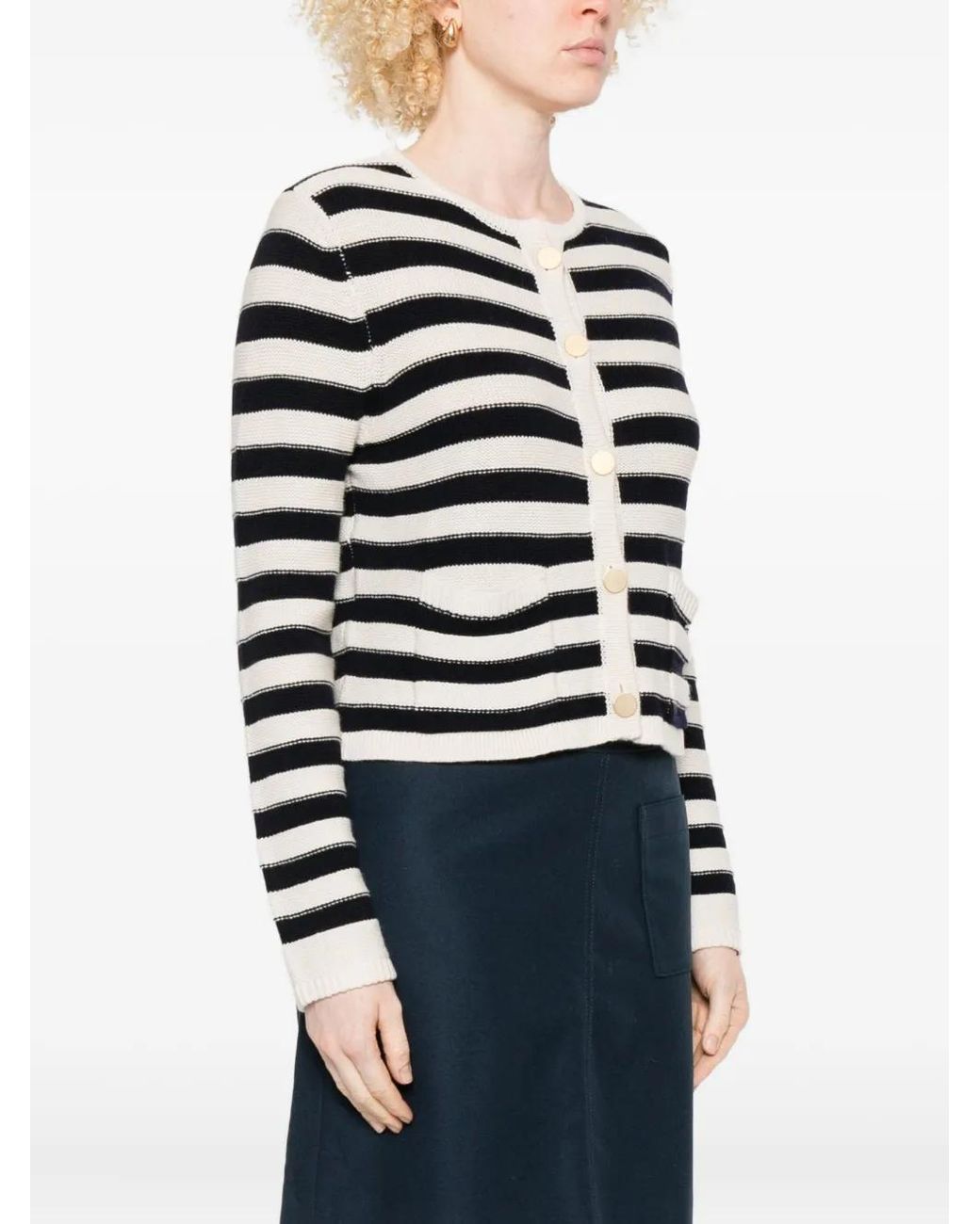 Allude White Striped Button Cardigan