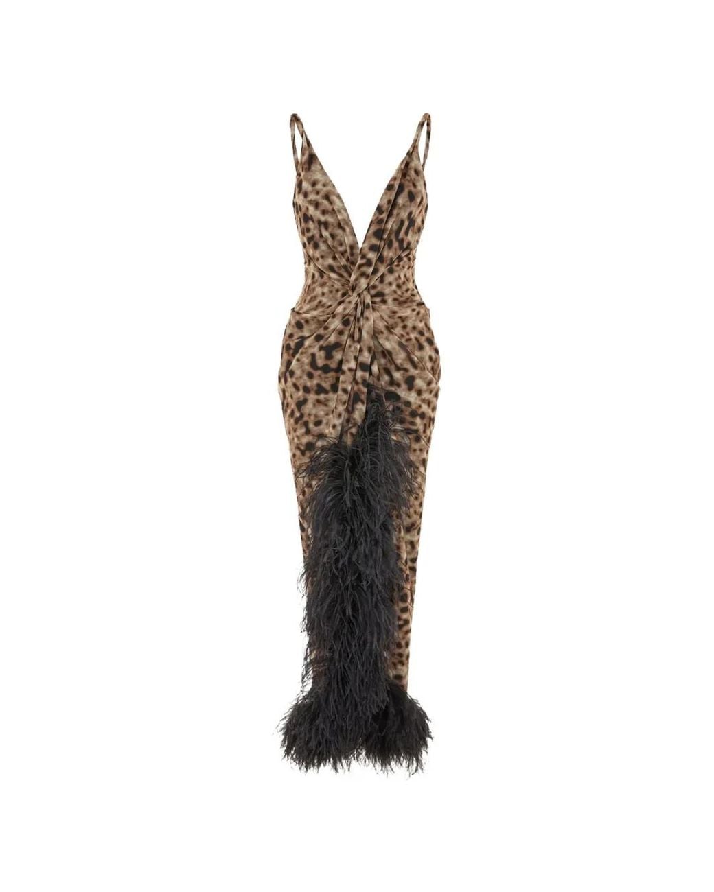 16Arlington Brown Wye Leopard-Print Feather-Trim Maxi Dress