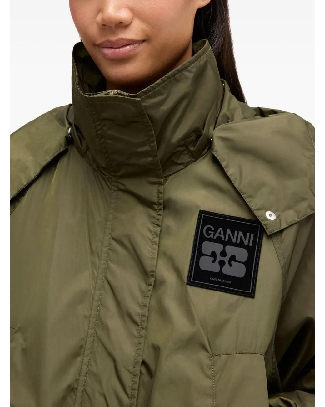 Ganni Green Army Long Parka With Hood