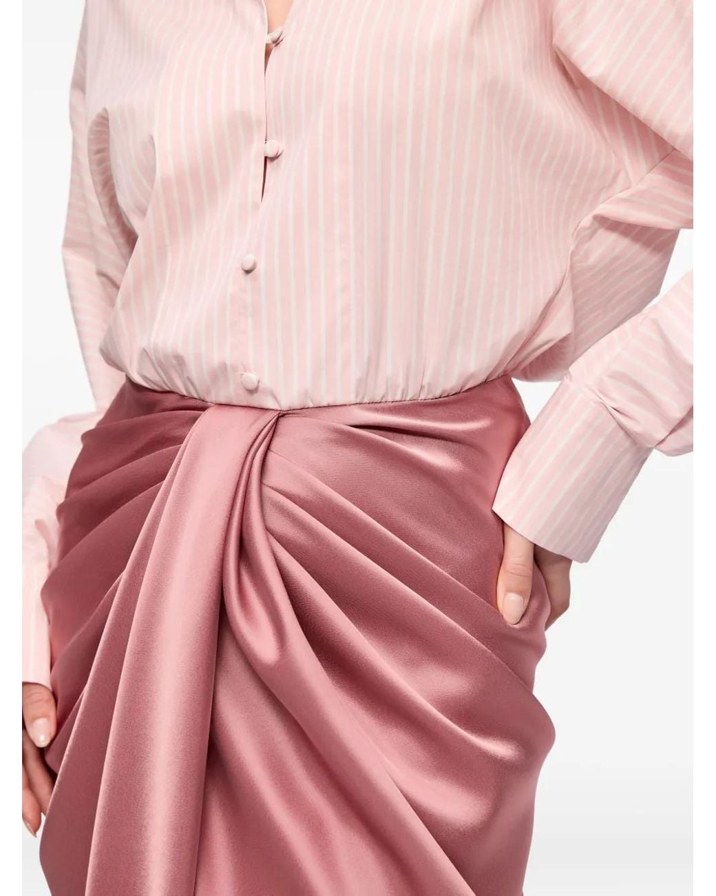 V:PM ATELIER Pink Corynna Draped Satin-Panel Maxi Dress