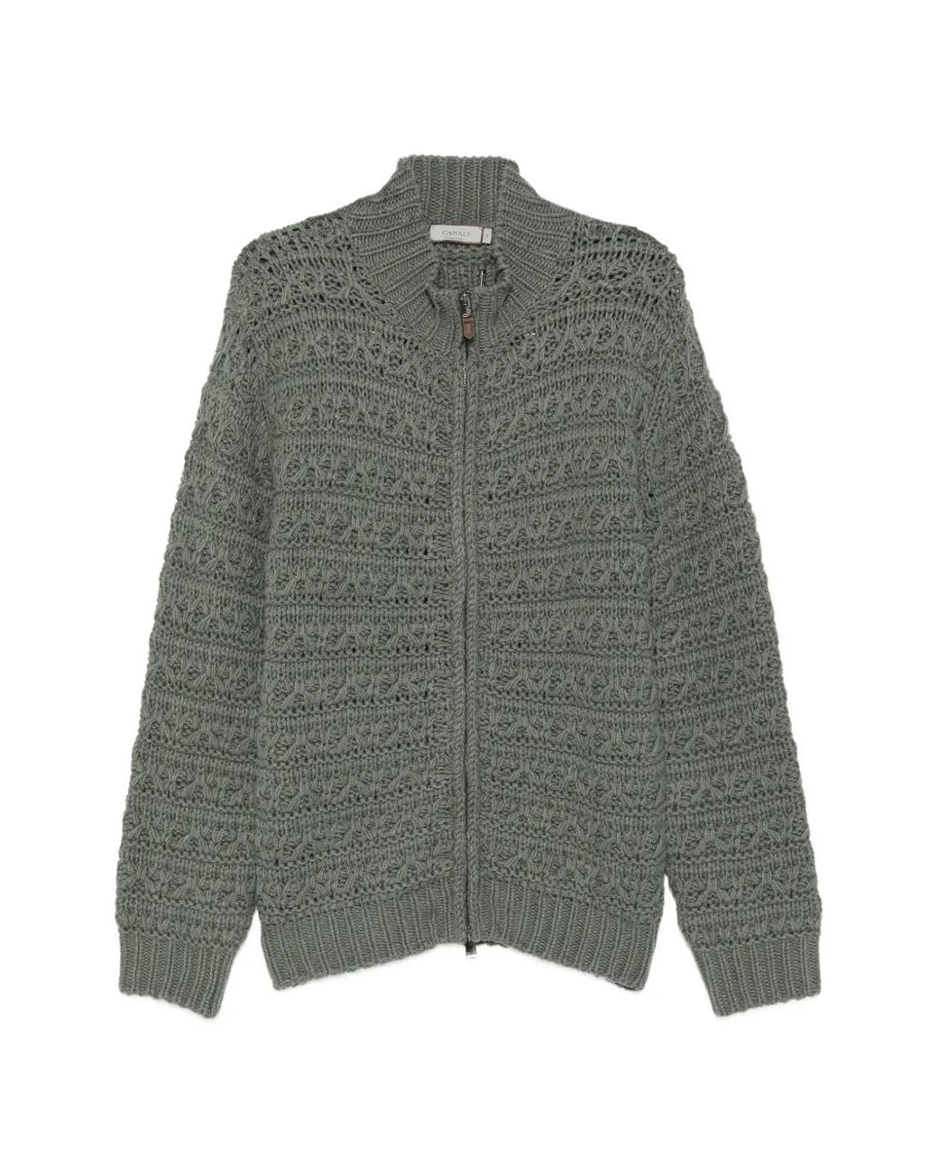 Canali Gray Cable-Knit Zip-Up Cardigan for men