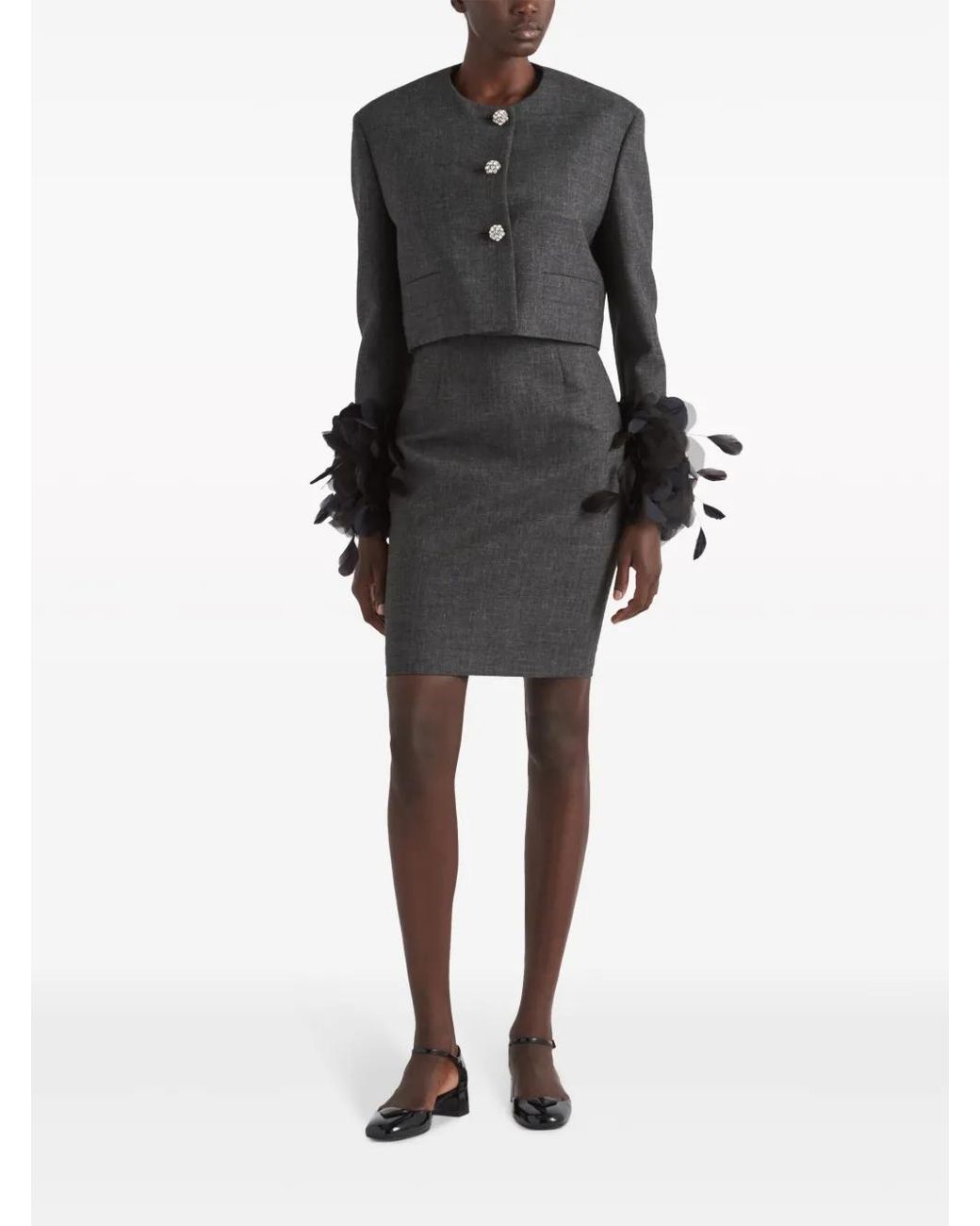 Prada Black Feather-Trimmed Wool Cropped Jacket
