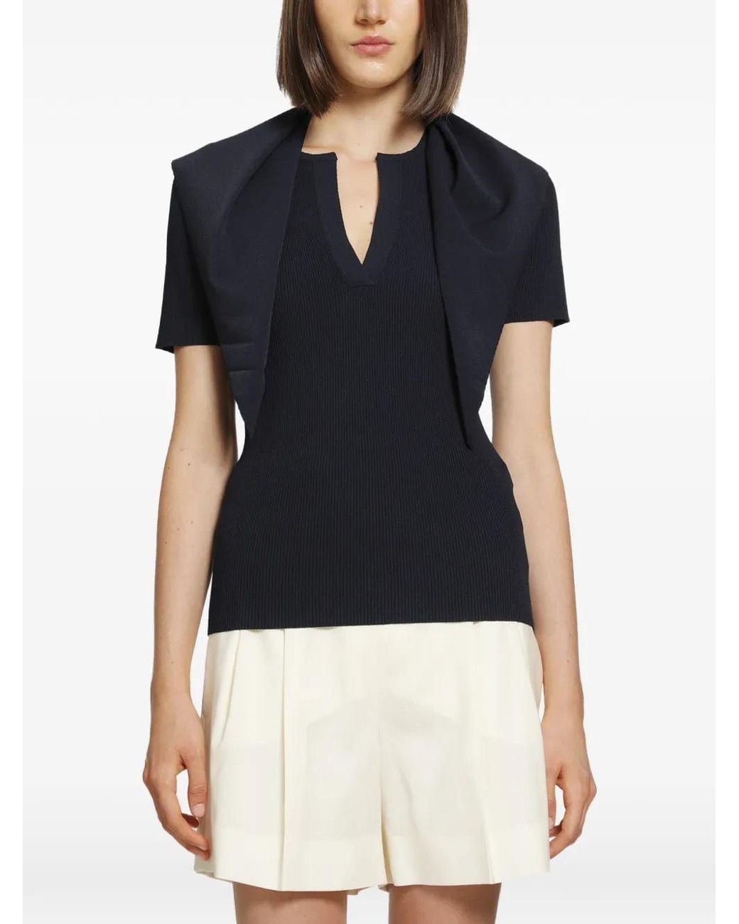 Max Mara Blue Ribbed-Knit Tie-Detail Short-Sleeve Sweater