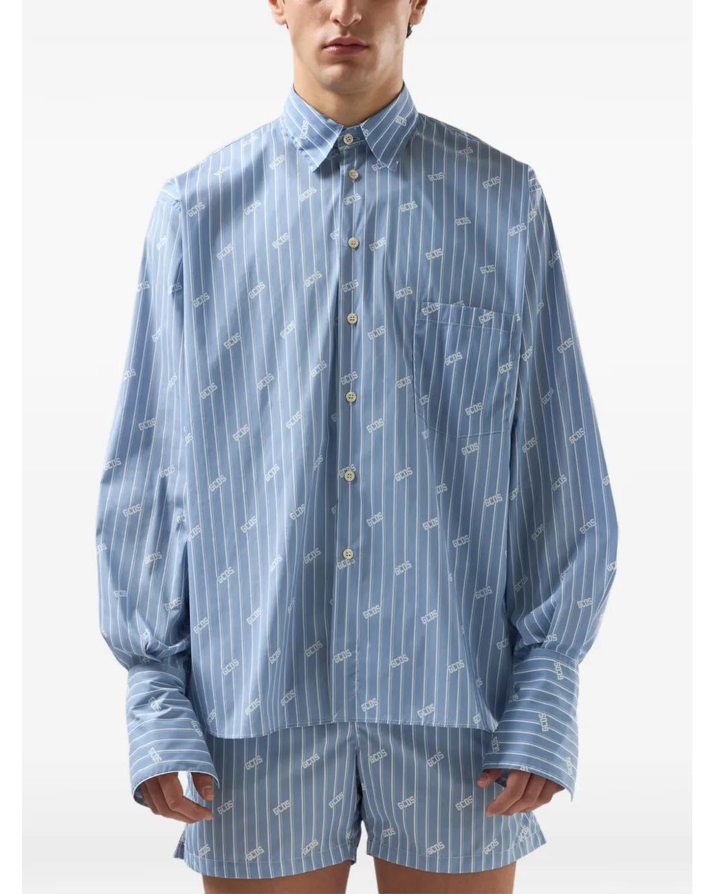 Gcds Blue Pinstripe Logo-Pattern Shirt for men
