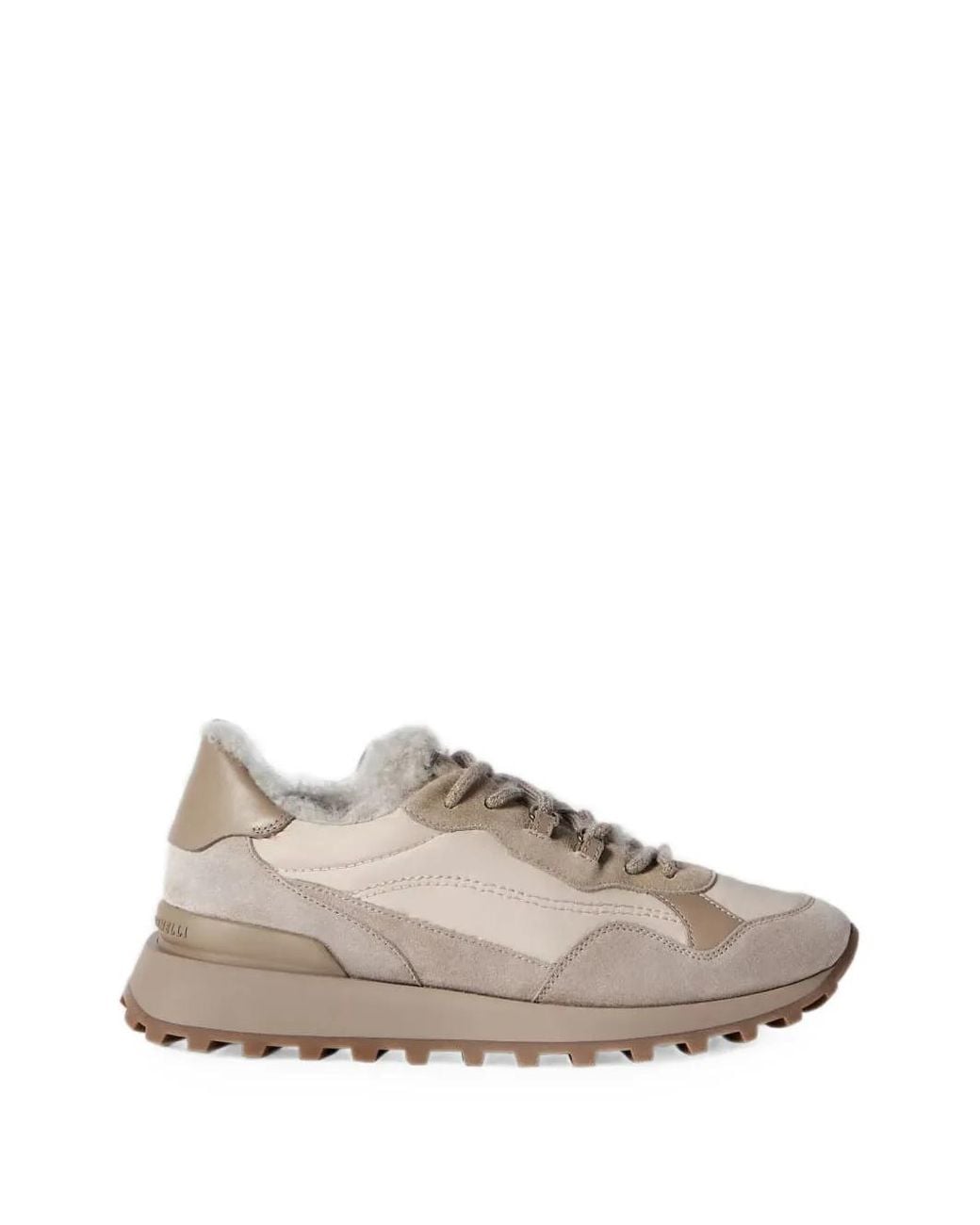 Brunello Cucinelli White Suede And Techno Cotton Sneakers With Shearling Lining And Monili