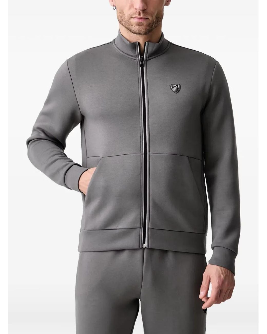 EA7 Gray Logo-Patch Zip-Up Jersey Tracksuit for men