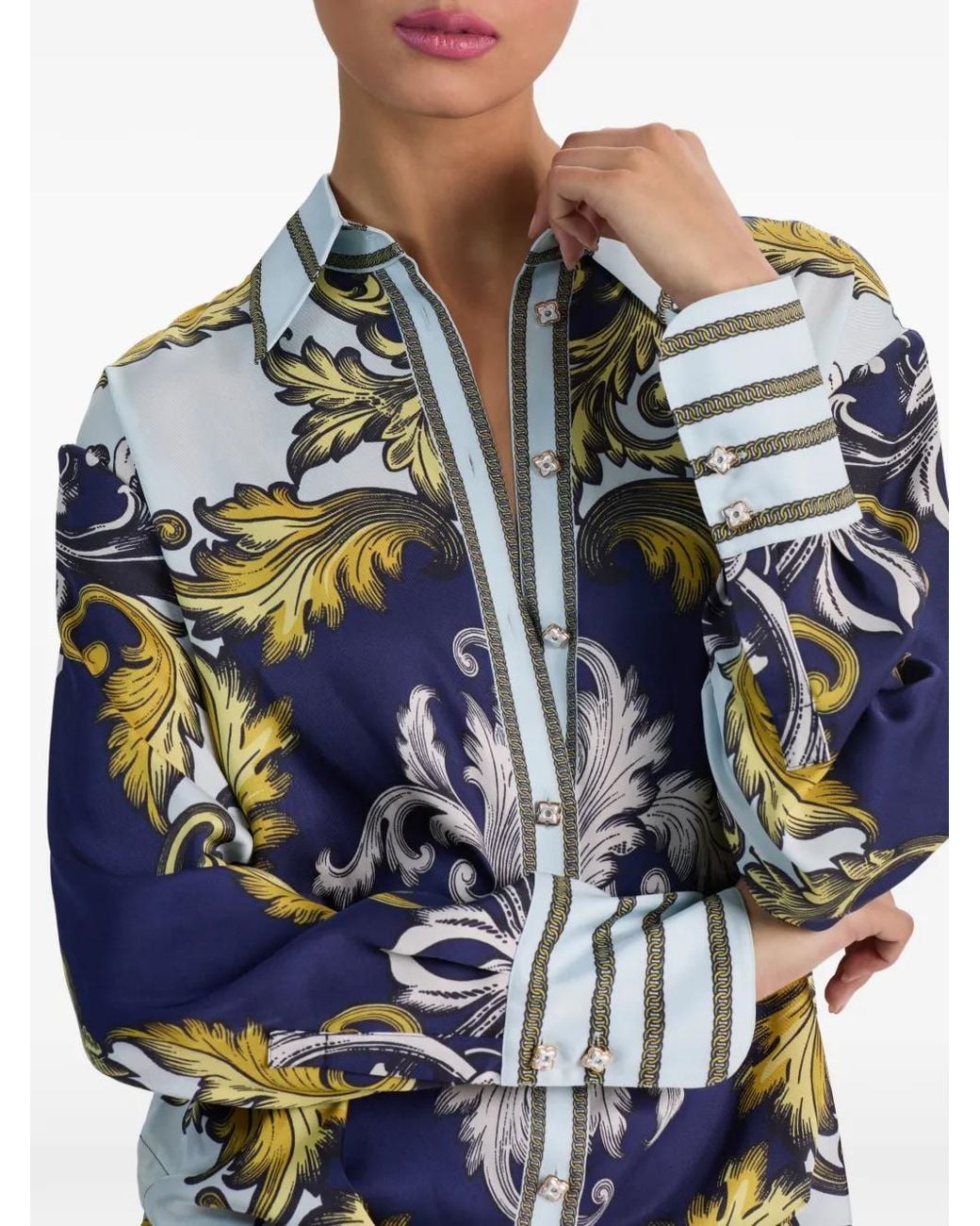 Alice + Olivia Blue Lane Baroque-Print Button-Up Shirt