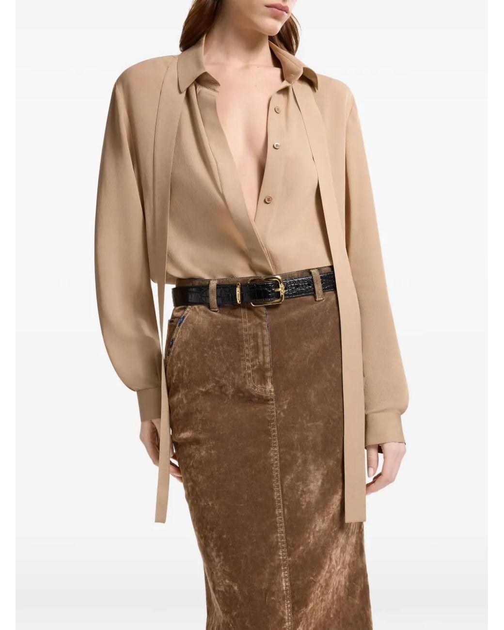 Elie Saab Brown Flocked Denim Maxi Skirt