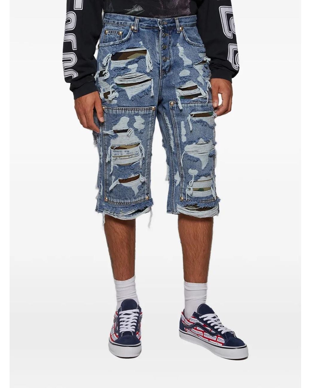 THUG CLUB Blue Short À Effet Usé for men