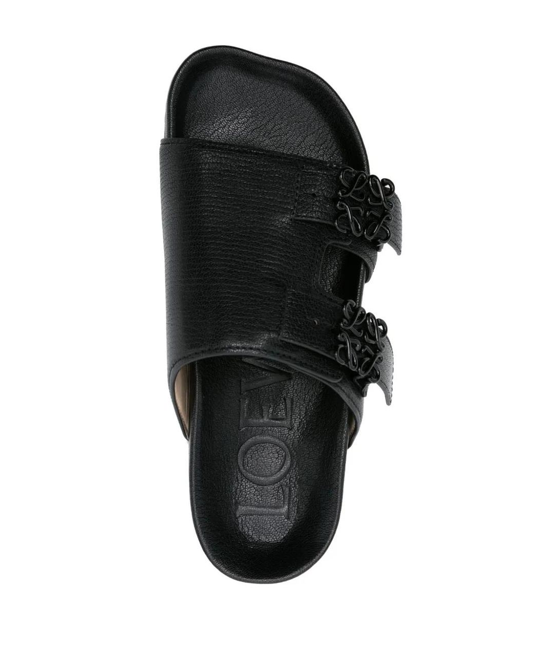 Loewe Black Leather Slide Sandal With Logo Buckle