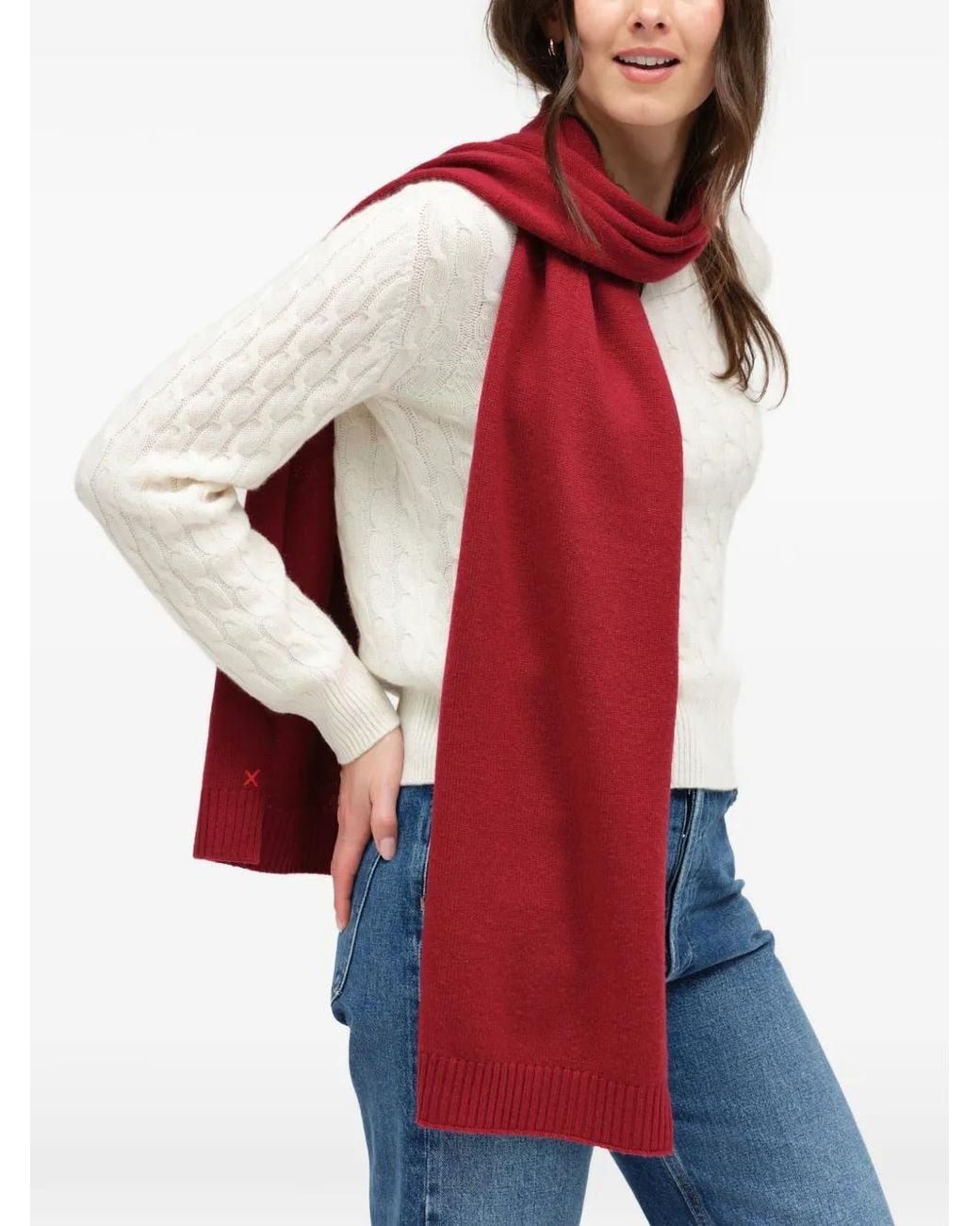 Chinti & Parker Red Fine-Knit Ribbed-Trim Scarf