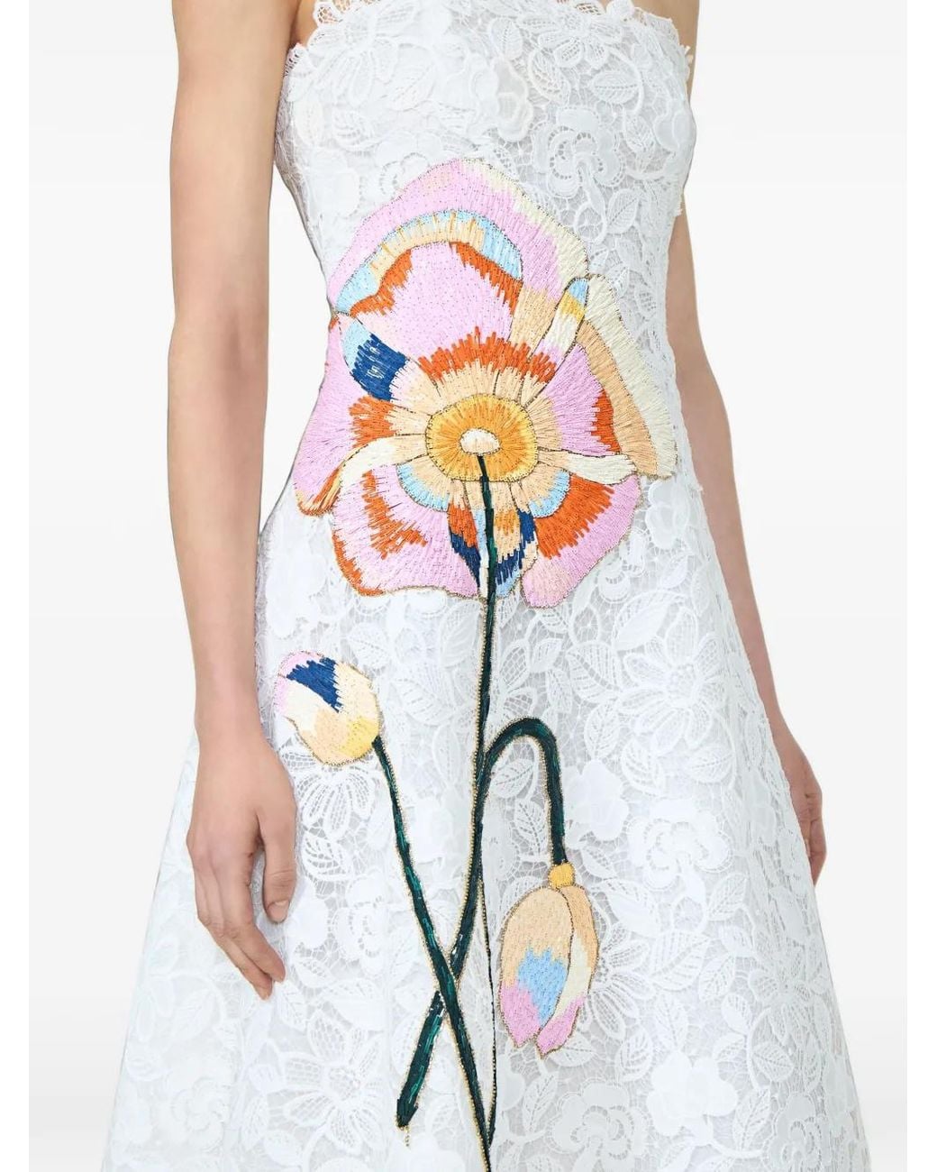 Costarellos White Marina Floral-Appliqué Lace Midi Gown