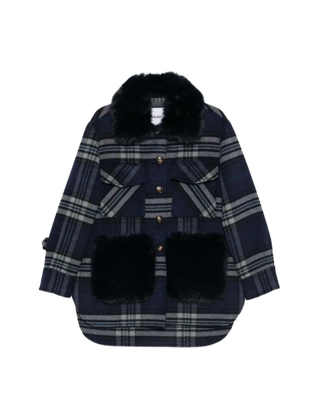 Ava Adore Blue Check-Pattern Faux-Fur-Trim Coat