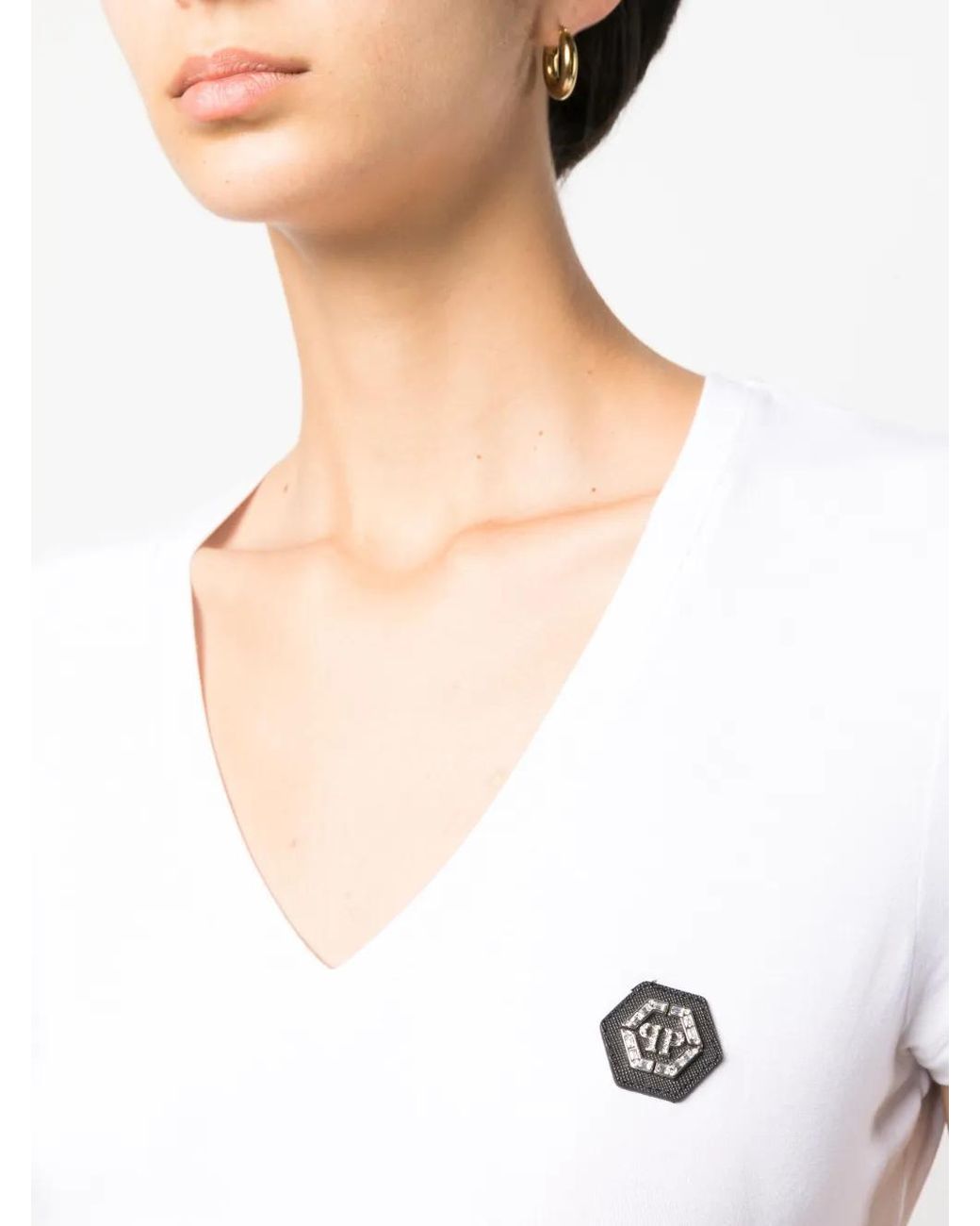 Philipp Plein White Logo-Patch V-Neck T-Shirt