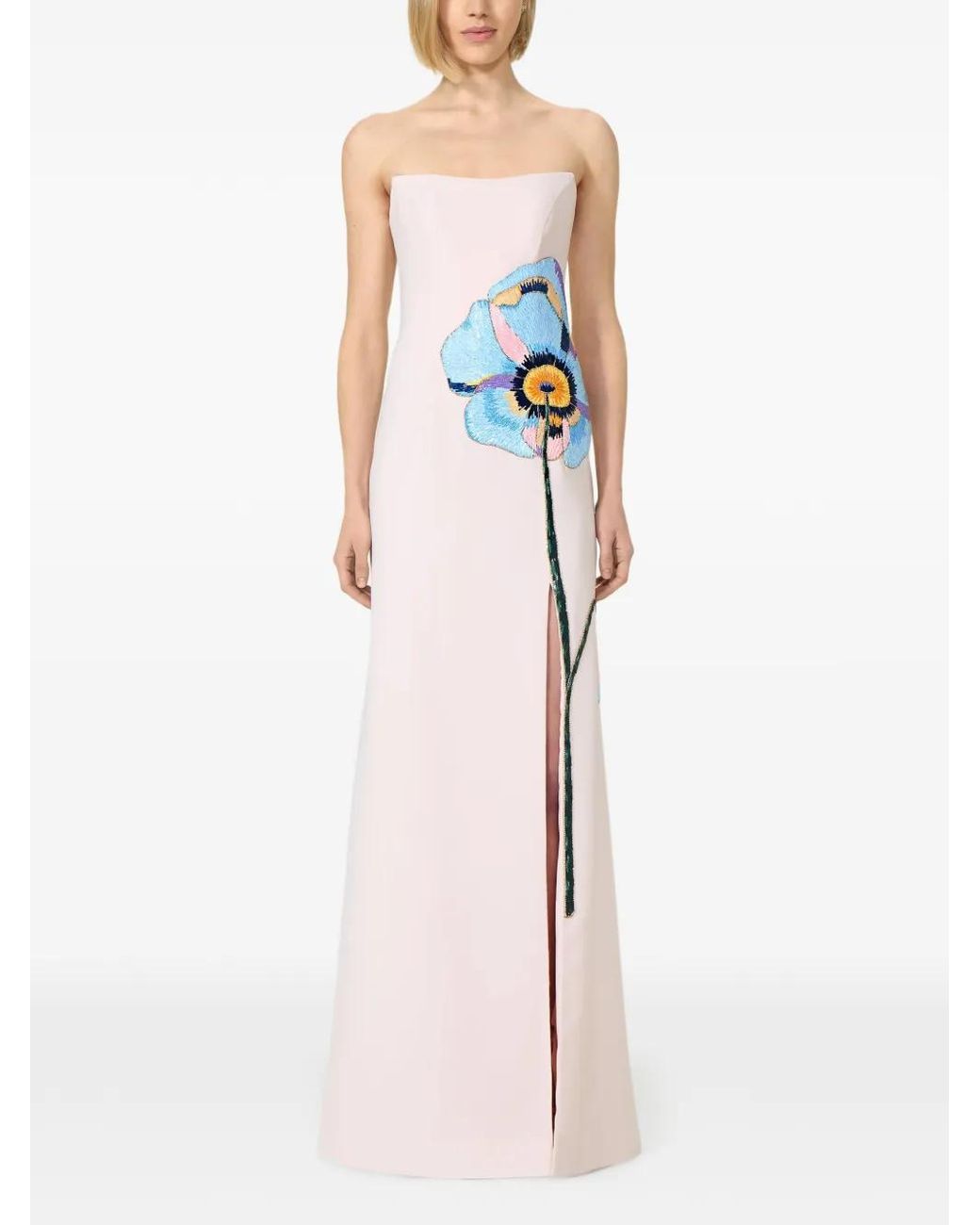 Costarellos Pink Jessine Floral-Appliqué Strapless Gown