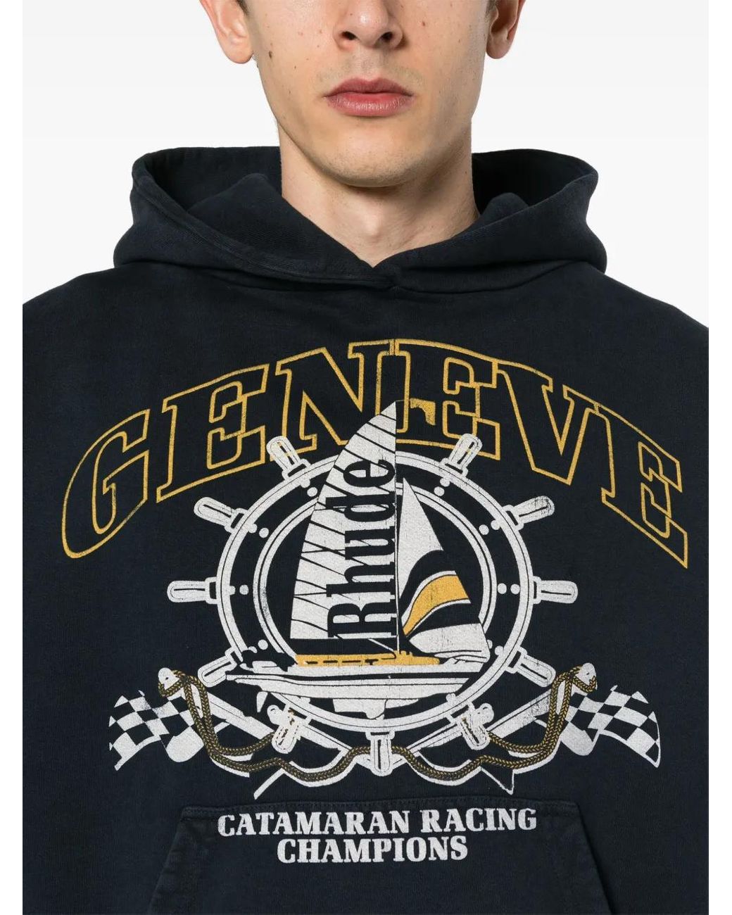Rhude Black Nautical-Print Cotton Hoodie for men