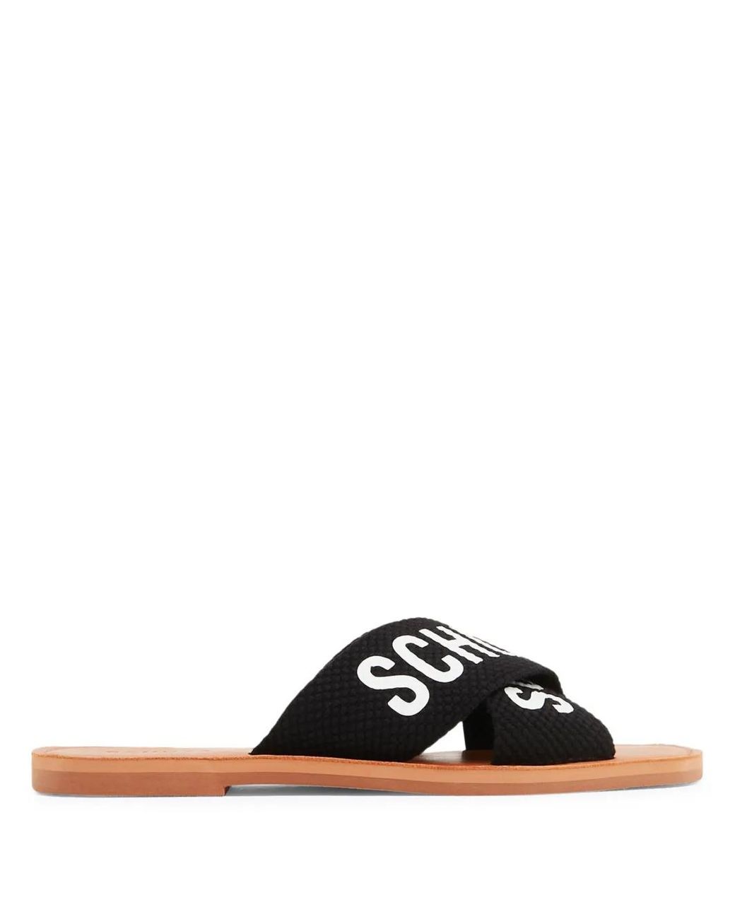 SCHUTZ SHOES Black Logo-Print Flat Leather Slides