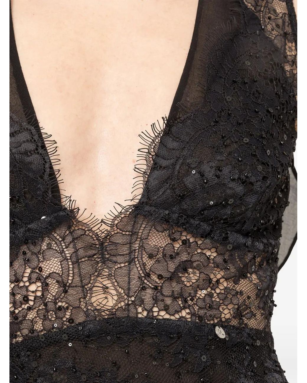 Nissa Black Beaded Lace Maxi Dress