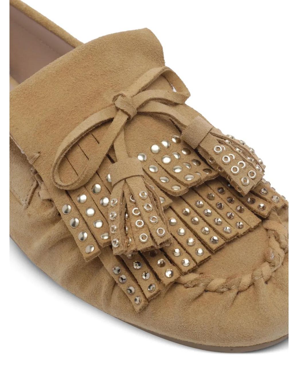 Stuart Weitzman Brown Barry Stud-Embellished Fringe Loafers
