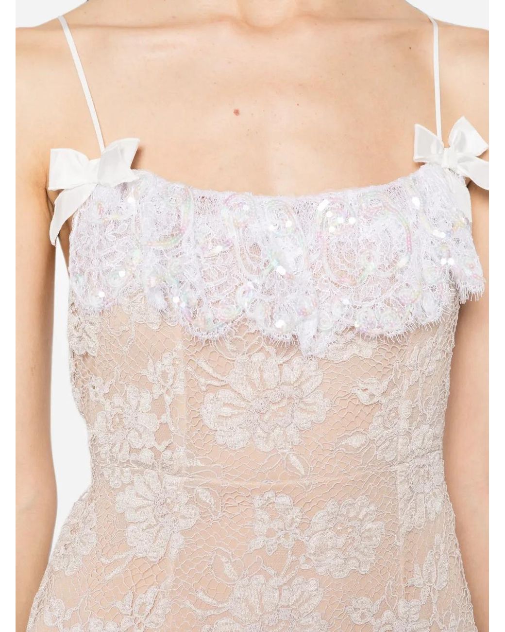 Alessandra Rich White Lace Slip Dress With Sequin-Embroidered Ruffle