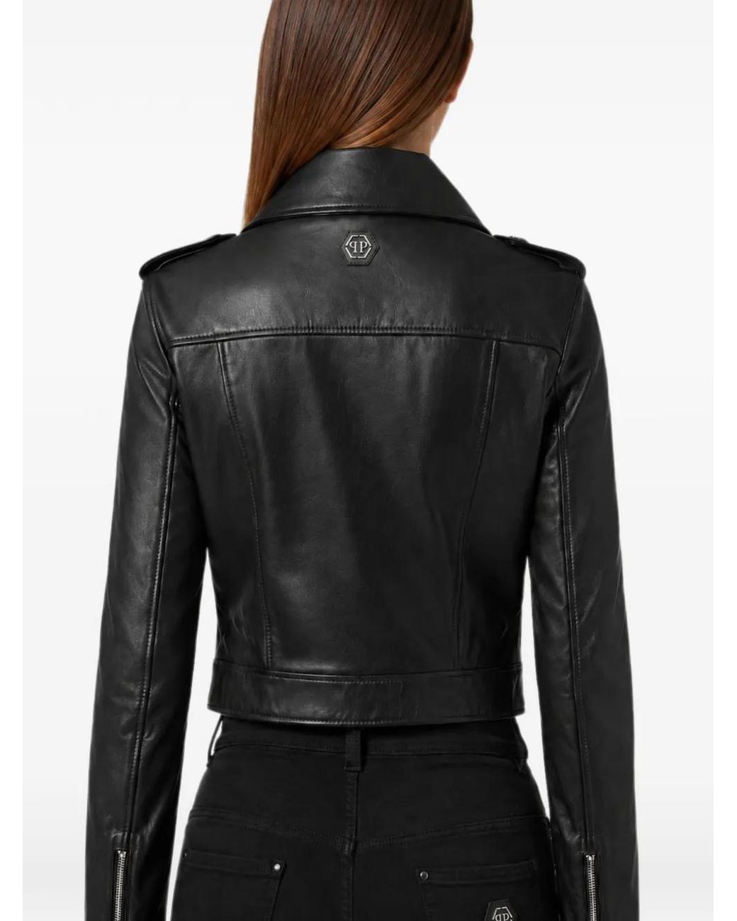 Philipp Plein Black Cropped Biker Jacket Flower