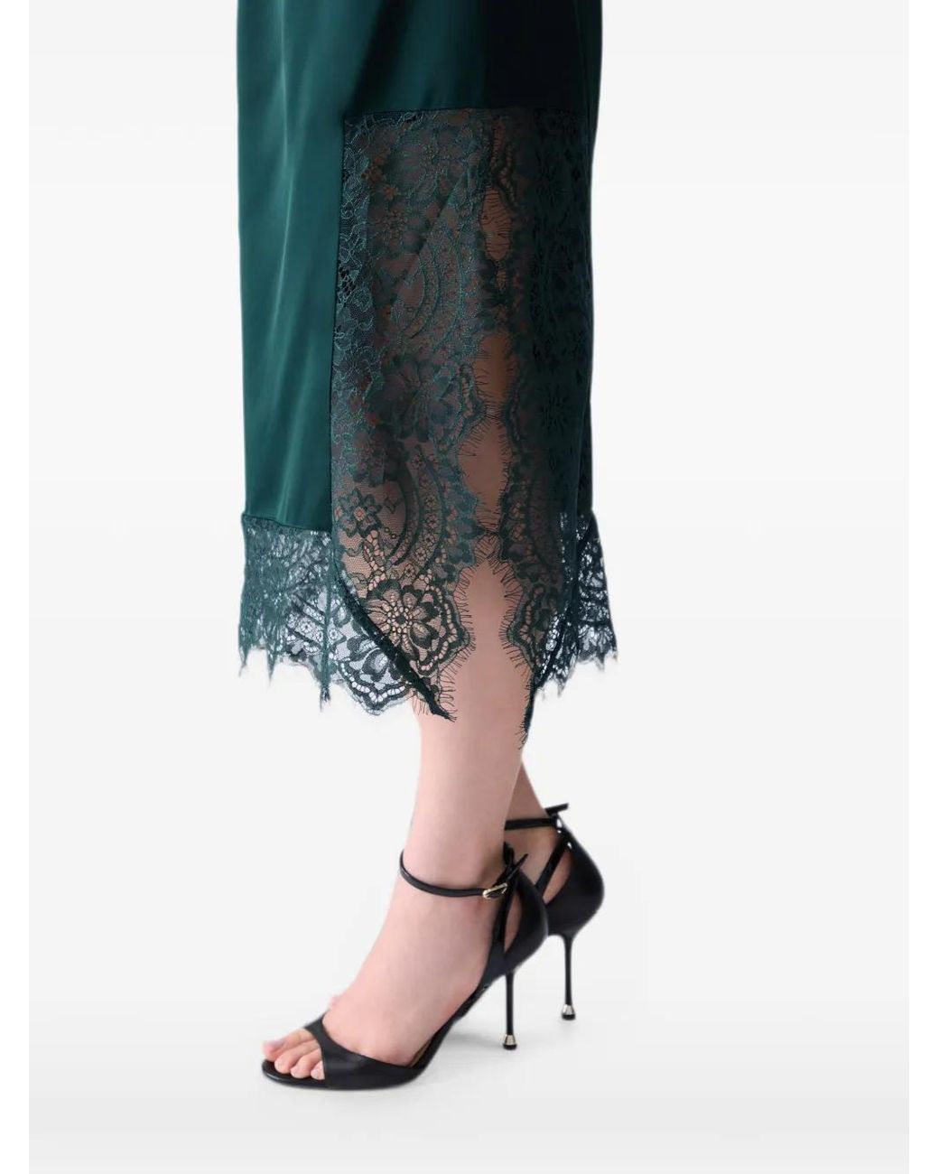 Liu Jo Green Satin Midi Skirt With Valenciennes Lace