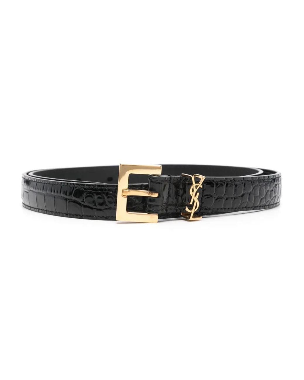 Saint Laurent Black Cassandre Embellished Croc-Effect Leather Belt