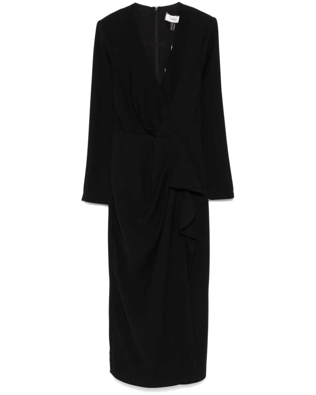 Nissa Black V-Neck Crepe Midi Dress