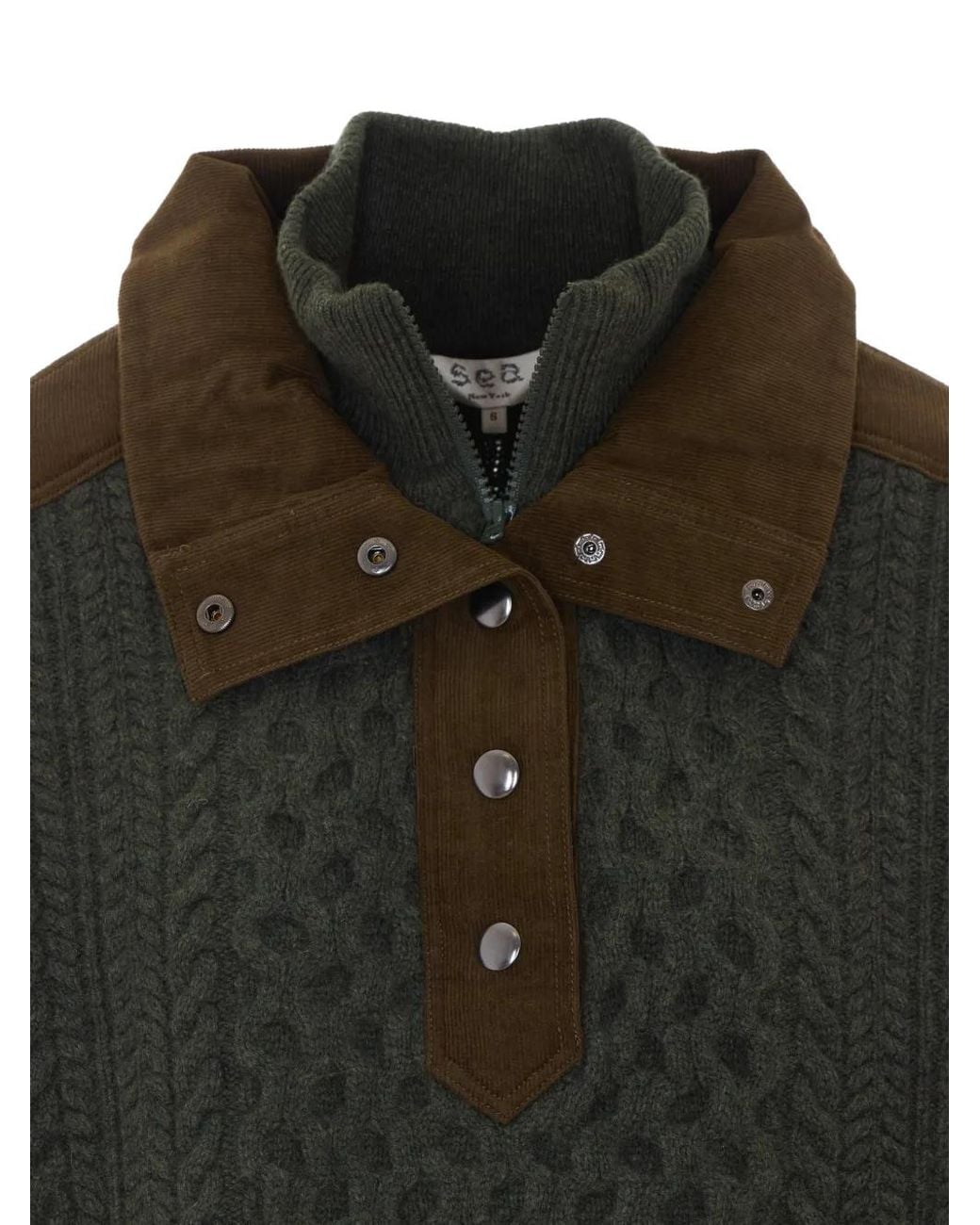 Sea Green Cable-Knit Corduroy-Trim Sweater