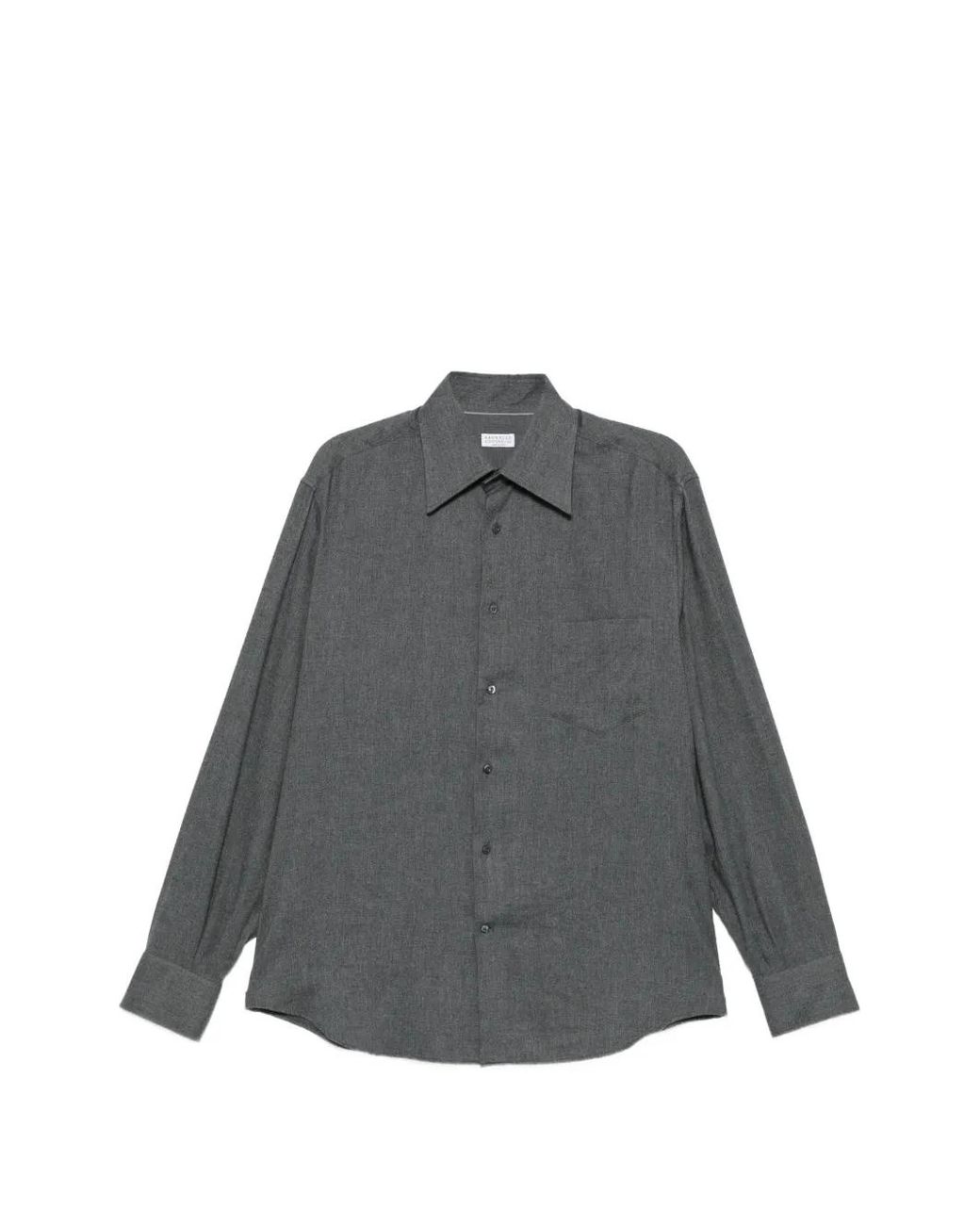 Brunello Cucinelli Gray Herringbone-Pattern Chest-Pocket Shirt for men