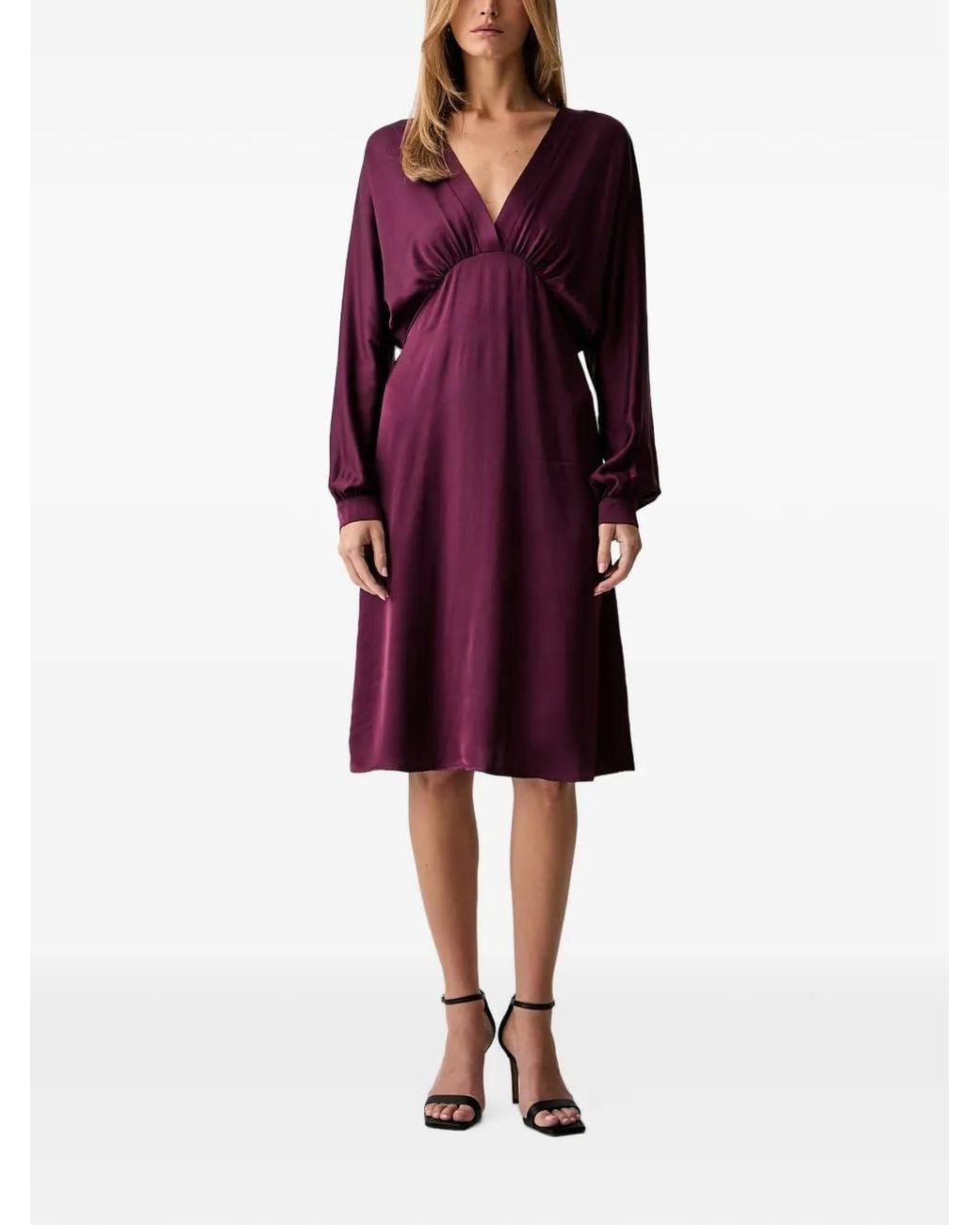 Fracomina Purple Robe Mi-Longue Froncée À Col V En Satin