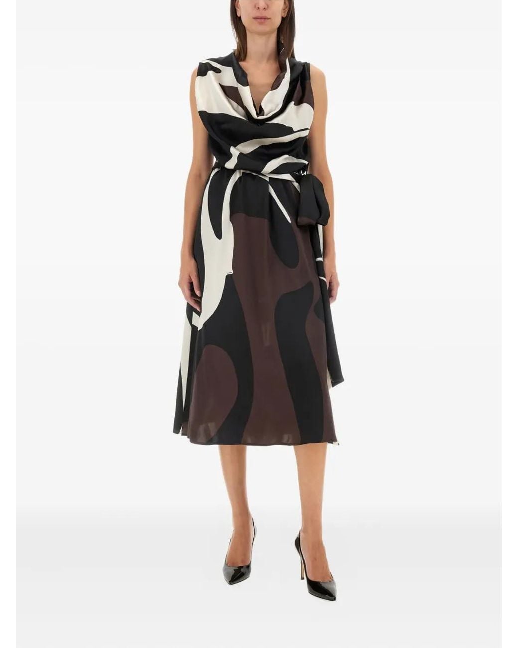 Kiton Black Cowl-Neck Abstract Midi Dress