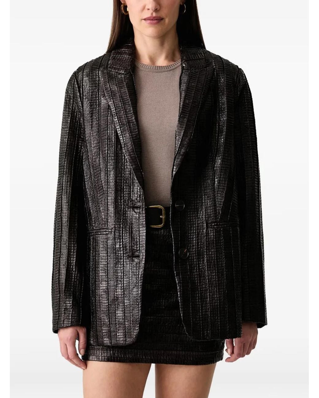 Silvian Heach Black Crinkled-Finish Notched-Lapel Blazer
