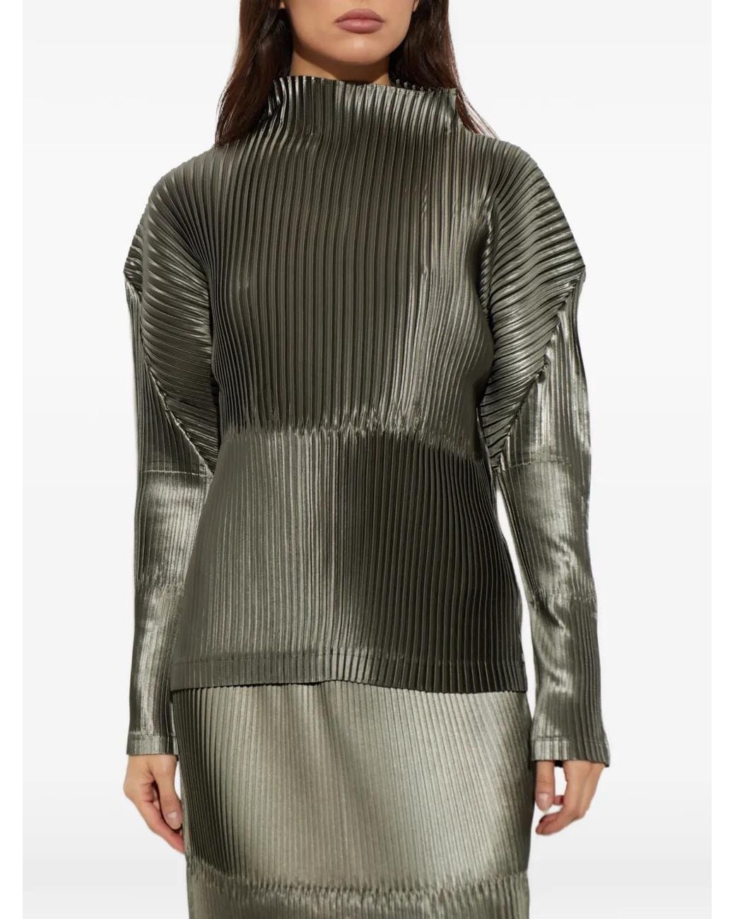Issey Miyake Green Pleated Mock-Neck Top