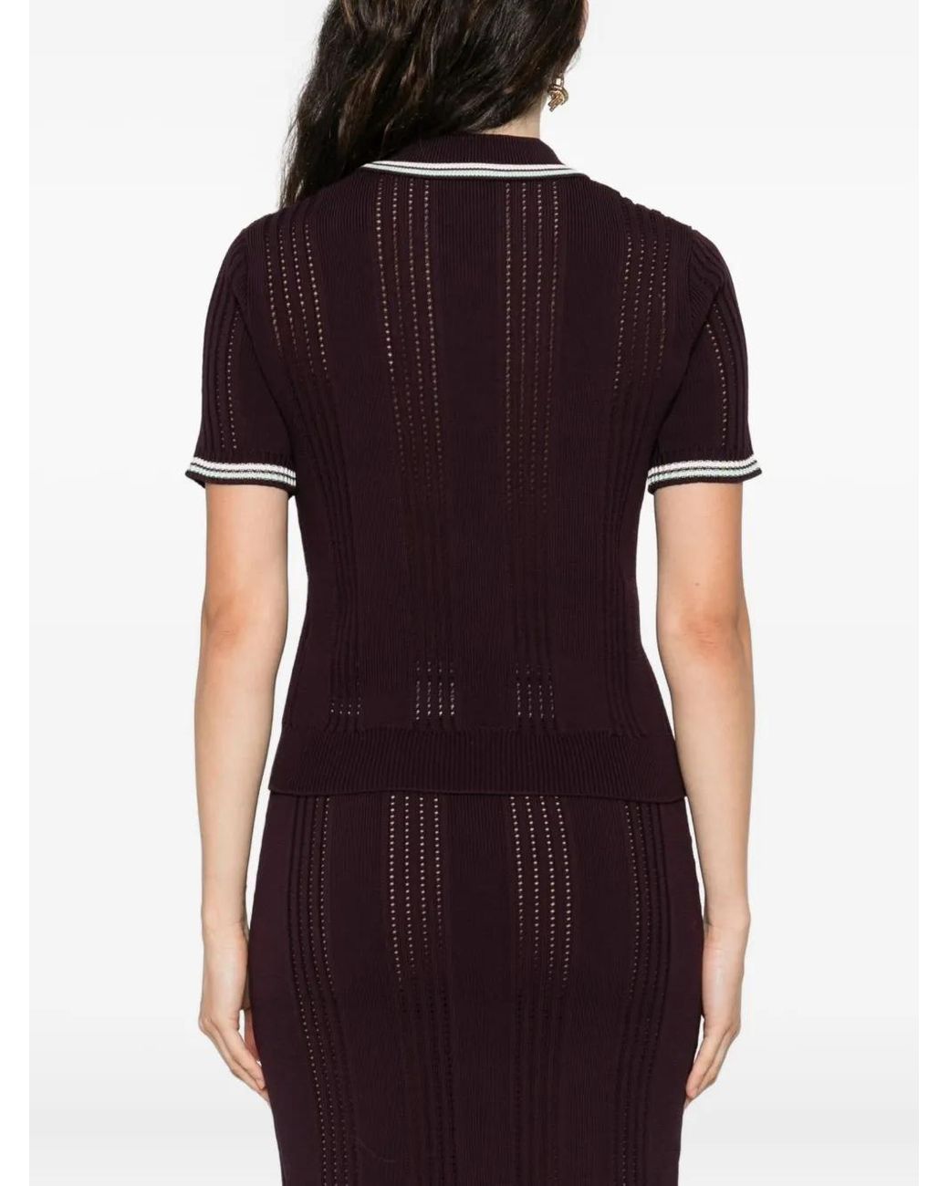 Casablanca Red Short-Sleeved Knit Polo With Vertical Open-Knit Stripes