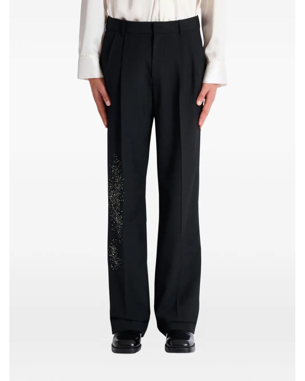 Balmain Black Pleated Wool Trousers With Sand Effect Embroidery for men
