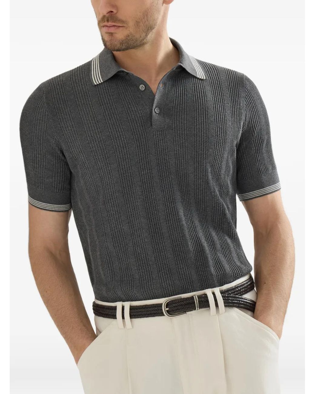 Brunello Cucinelli Gray Cotton Knit Polo Shirt for men