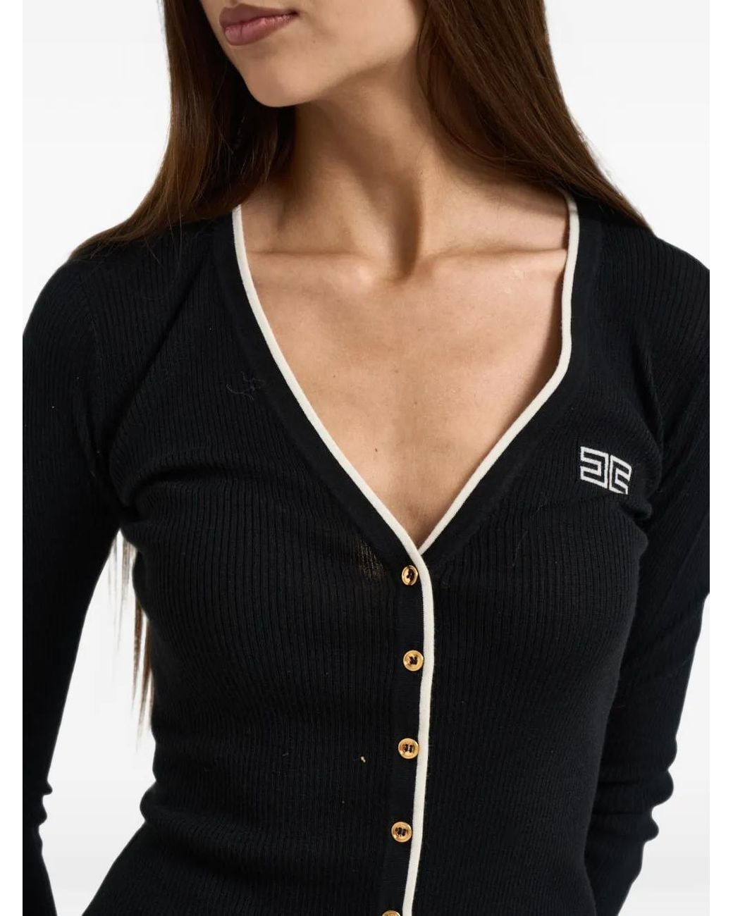 Elisabetta Franchi Black Logo-Embroidered Ribbed-Knit Cardigan