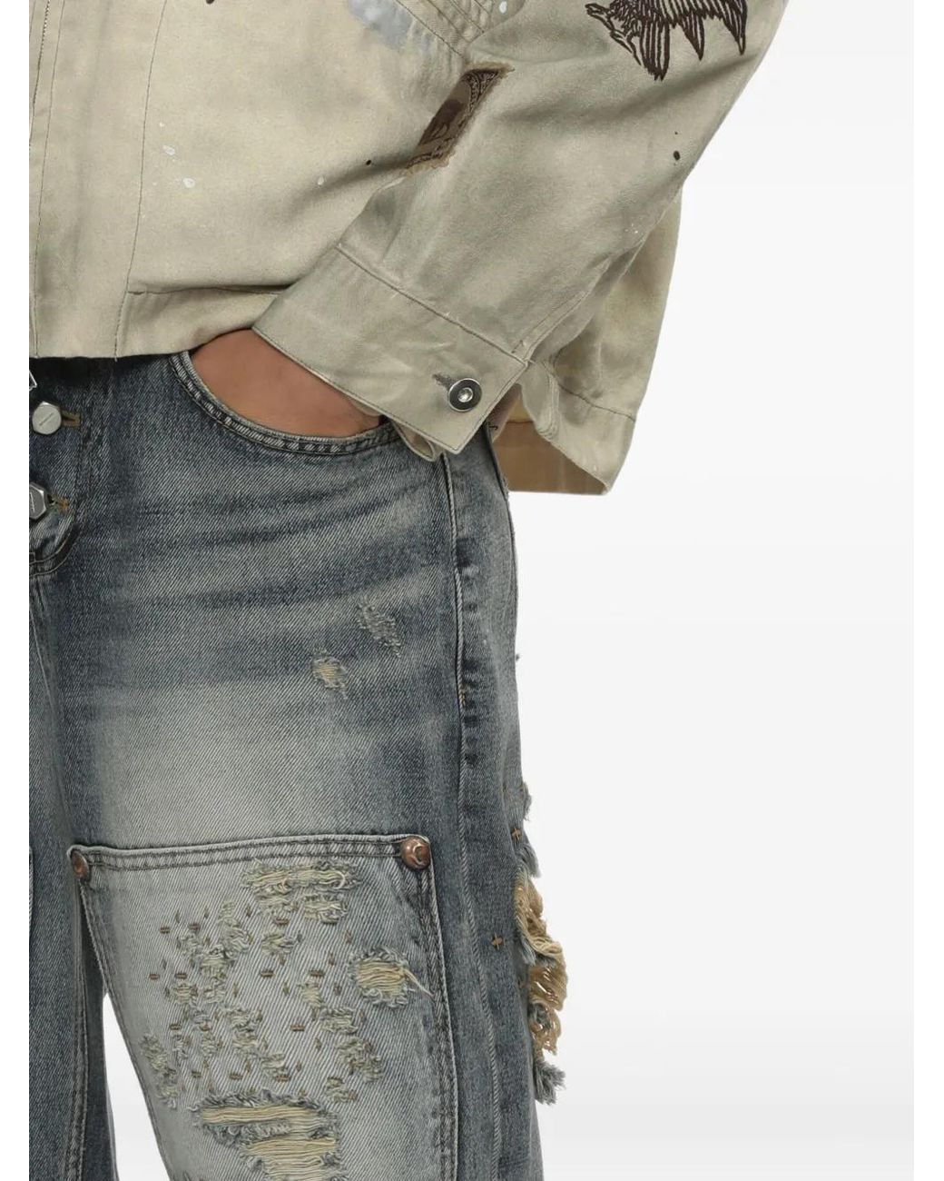 THUG CLUB Gray Distressed Studded Jeans for men