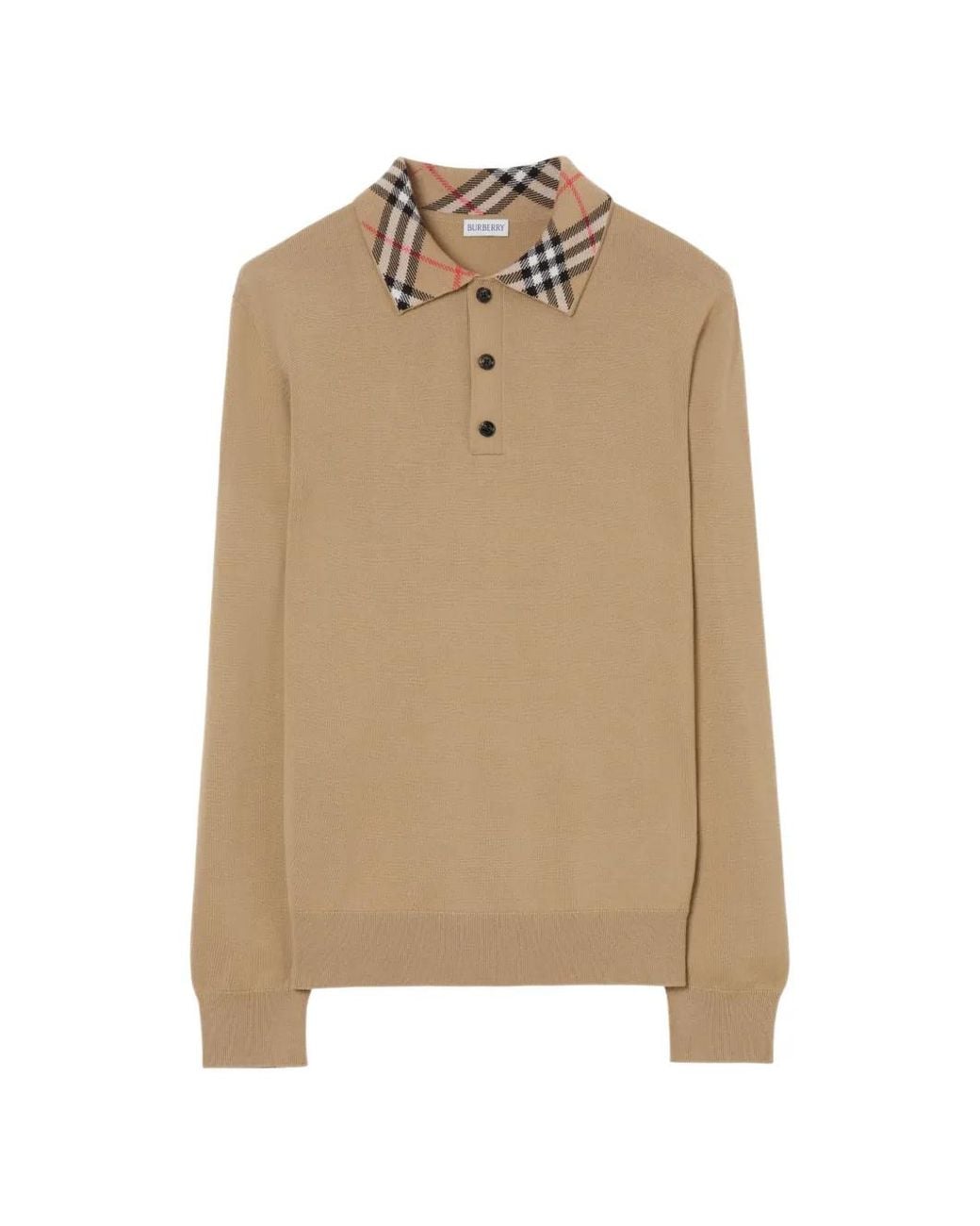 Burberry Natural Long-Sleeve Check Collar Cashmere Polo Shirt for men
