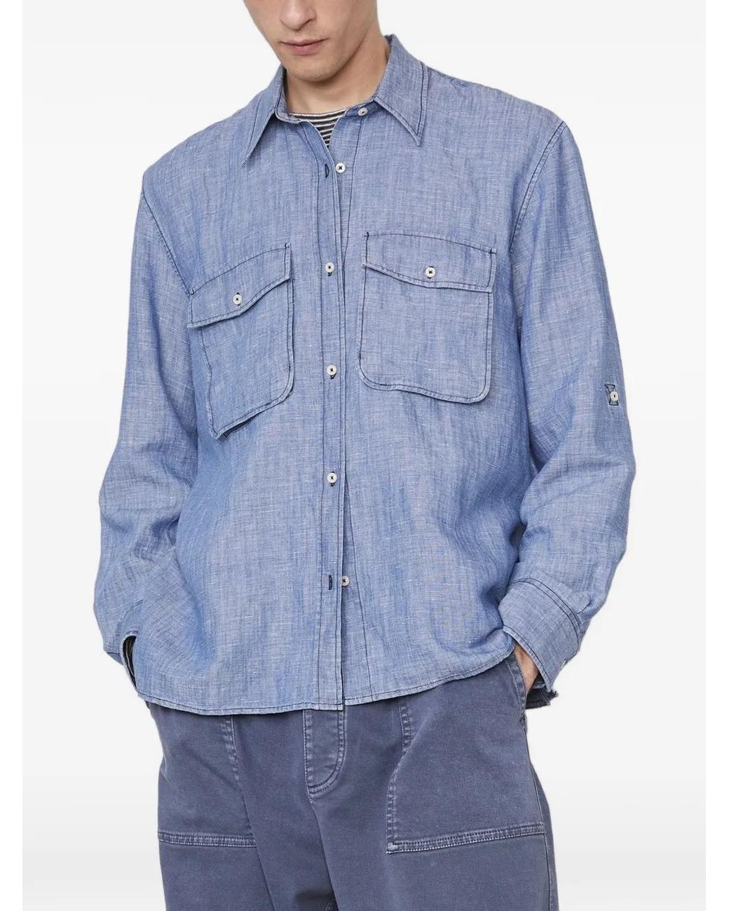 Officine Generale Blue Button-Up Chest-Pocket Shirt for men