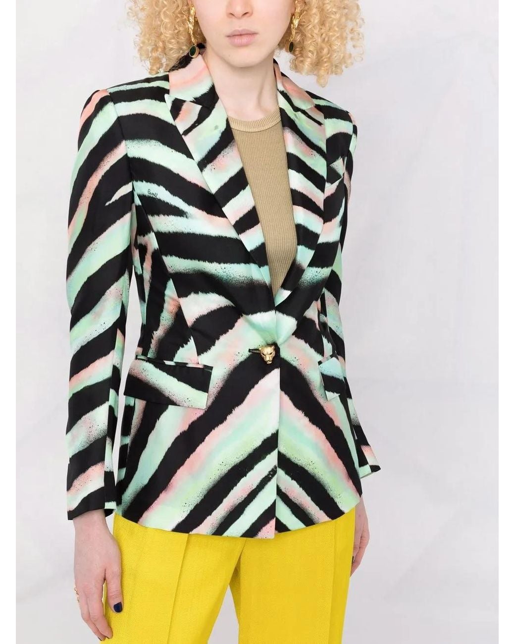 Roberto Cavalli Green Zebra-Print Silk Blazer