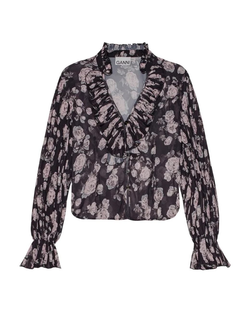 Ganni Black Floral-Print Blouse