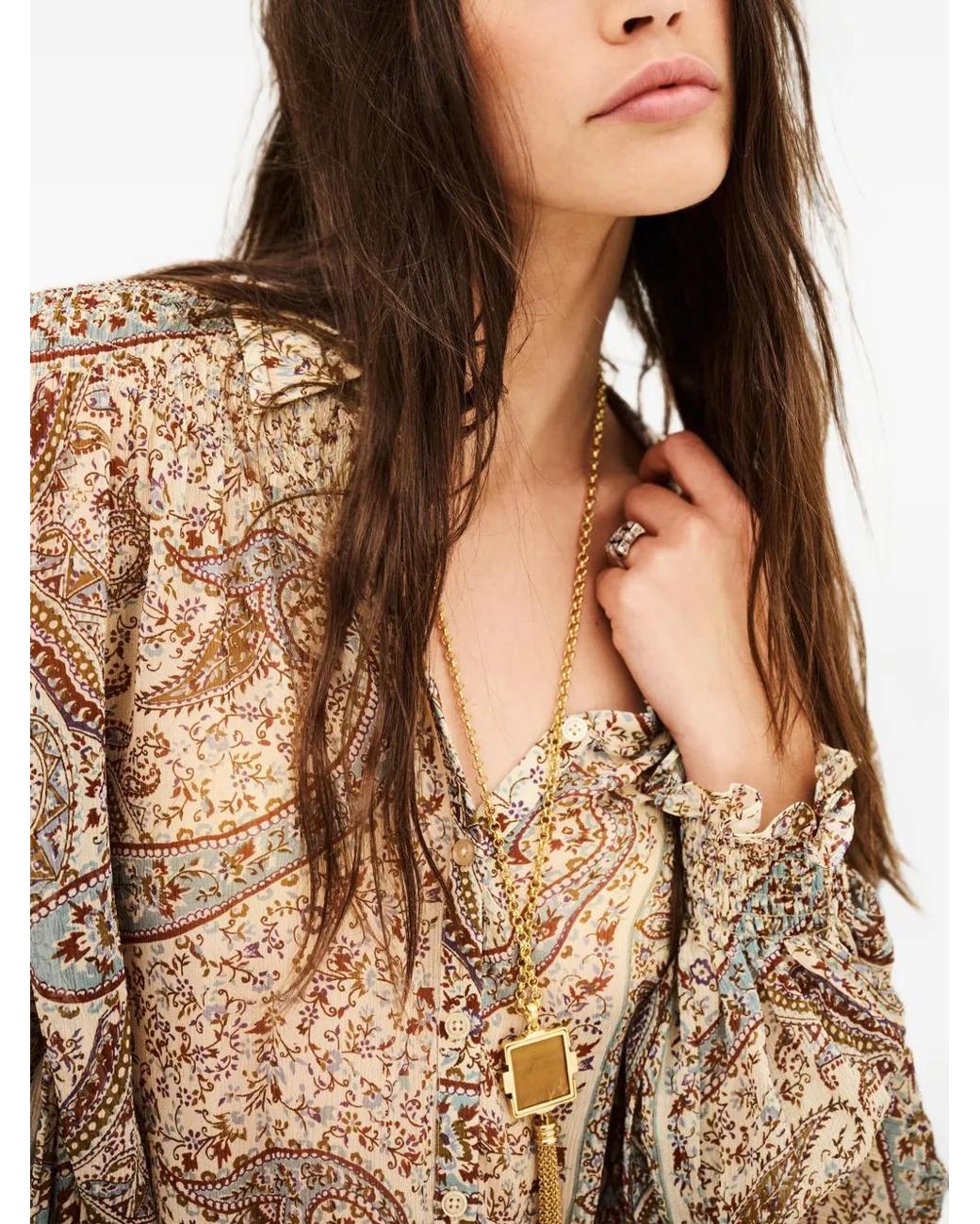Ba&sh Natural Paisley-Print Smocked-Cuff Shirt