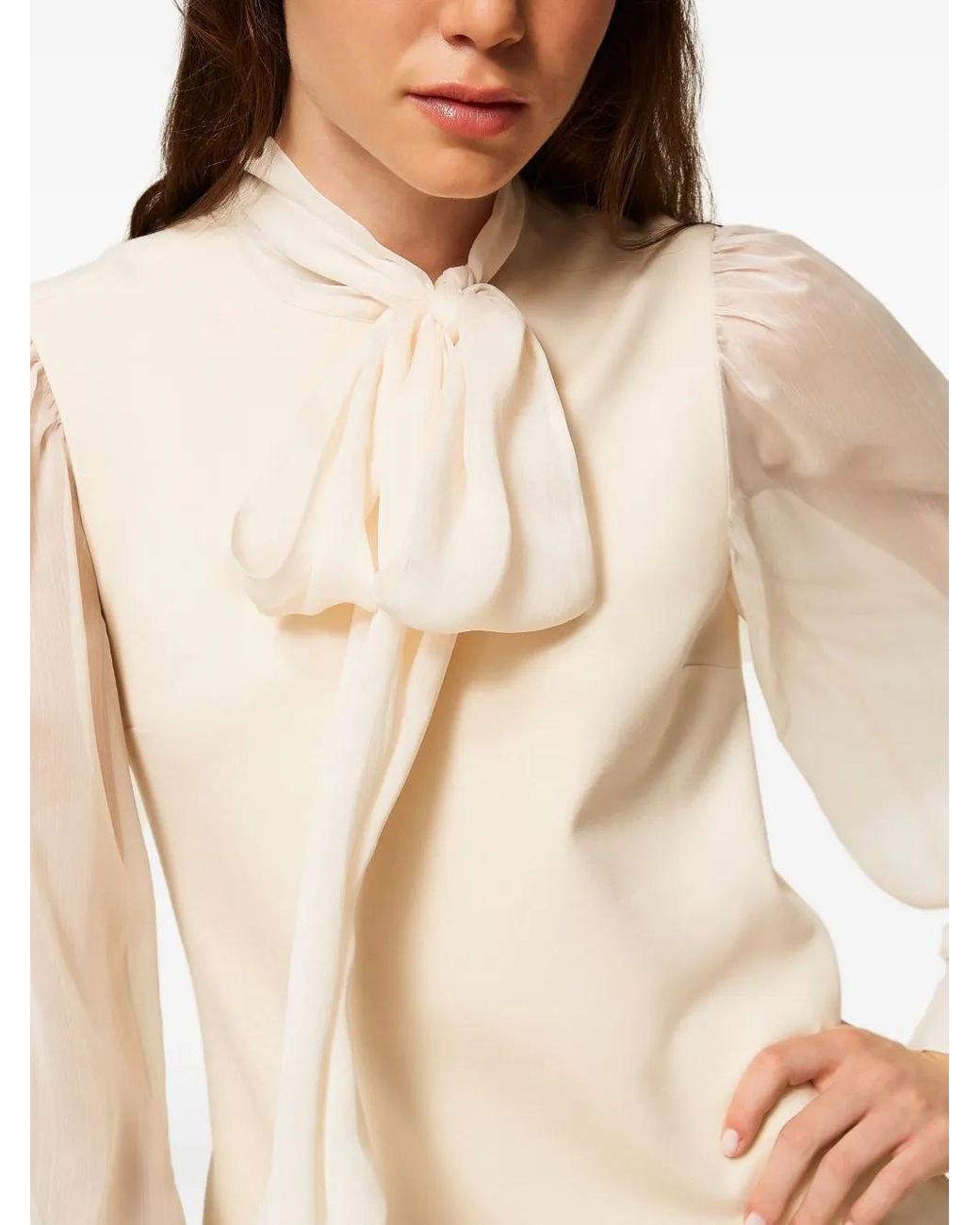 Twinset Natural Pussy-Bow Sheer-Sleeve Mini Dress