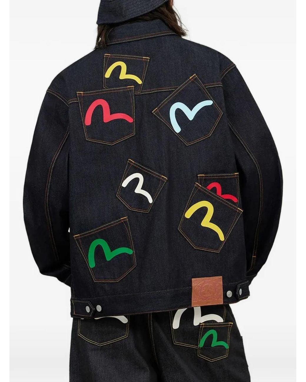 Evisu Black Seagull-Print Multi-Pocket Denim Jacket for men