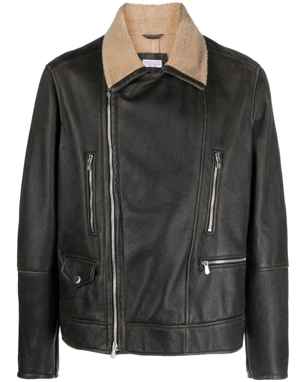 Brunello Cucinelli Black Zip-Up Leather Jacket for men