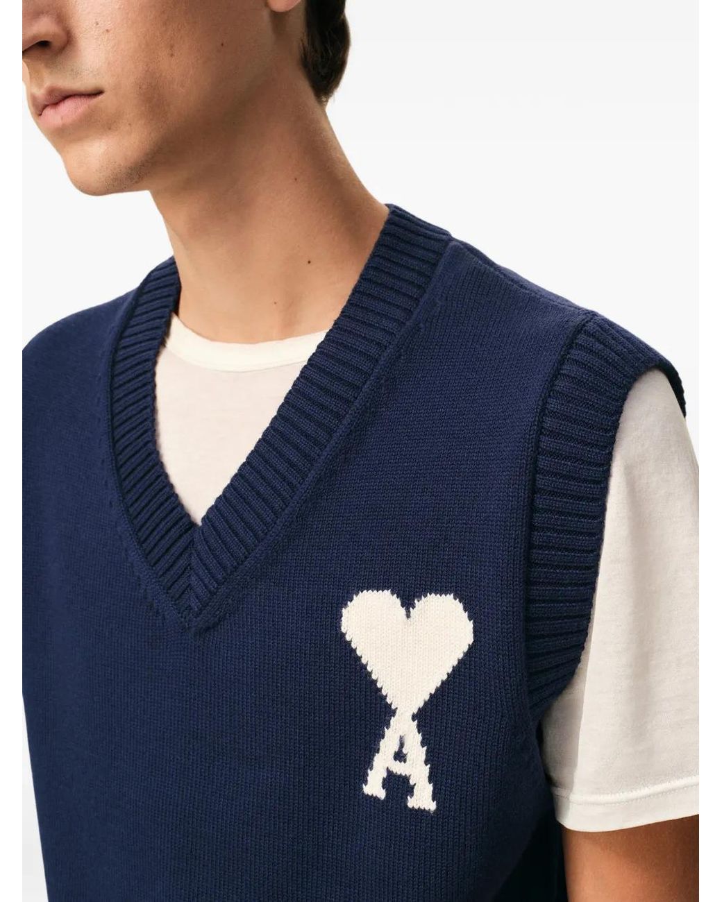 AMI Blue Wool And Cotton Sleeveless Ami De Coeur Sweater