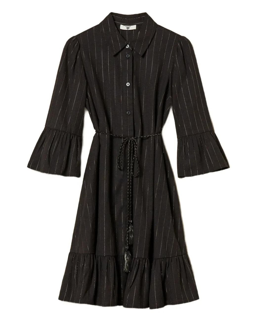 Twinset Black Pinstriped Ruffled Mini Dress