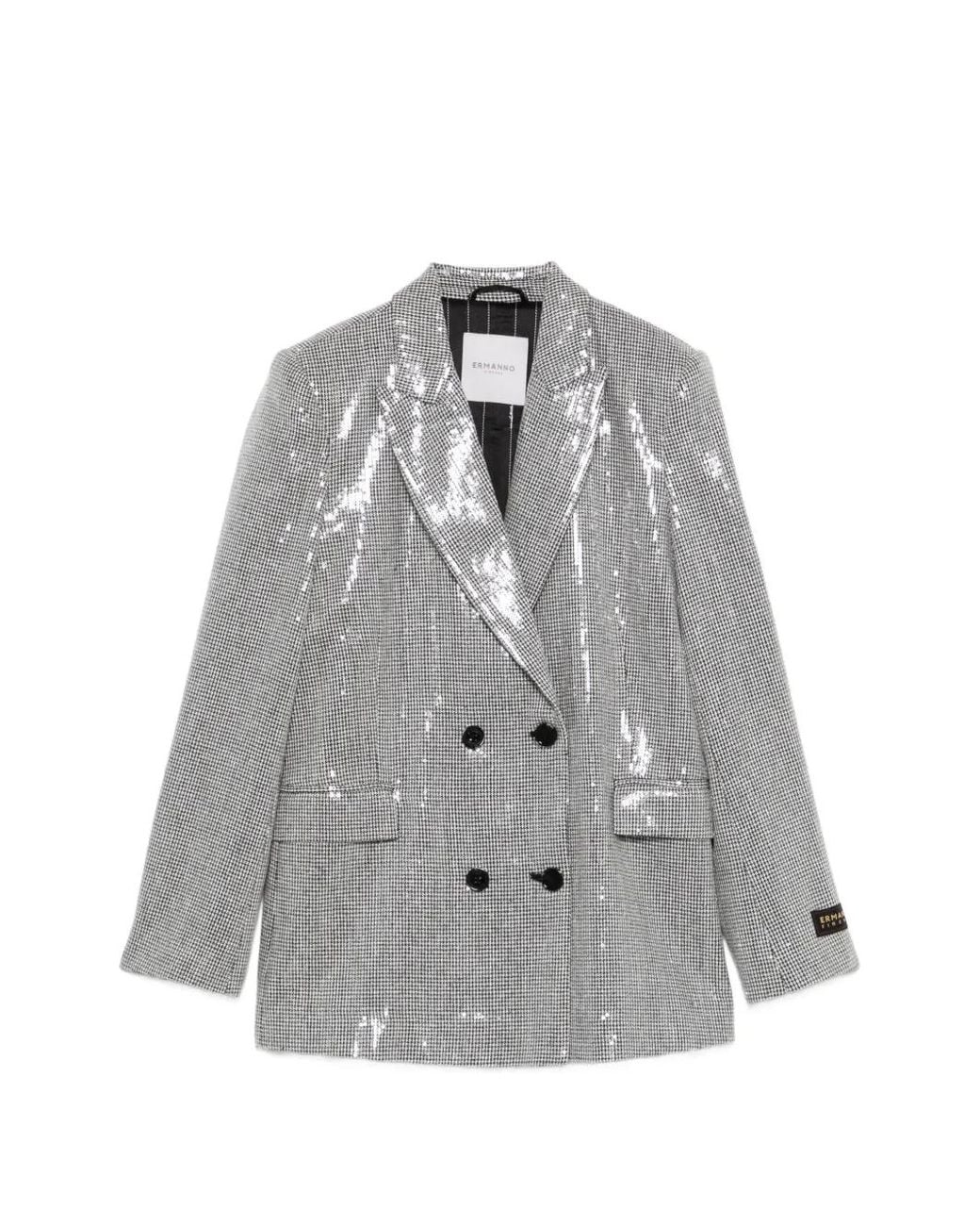 ERMANNO FIRENZE Gray Blazer Pied-De-Poule À Sequins